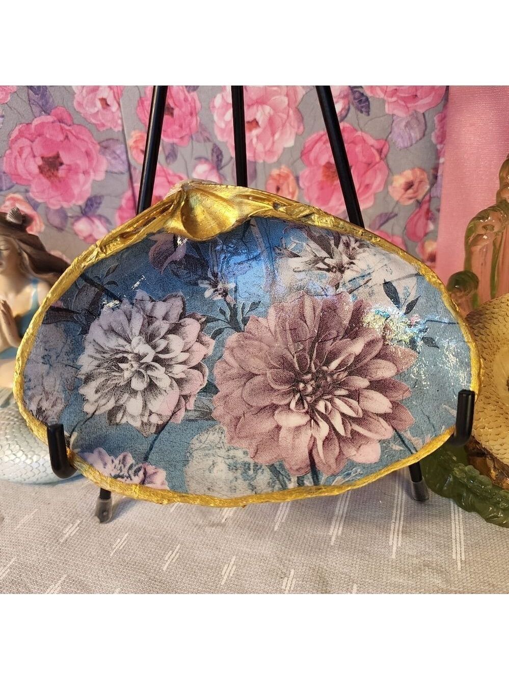 DECOUPAGE CLAM SHELL DECOUPAGE FLOWERS TRINKET DISH